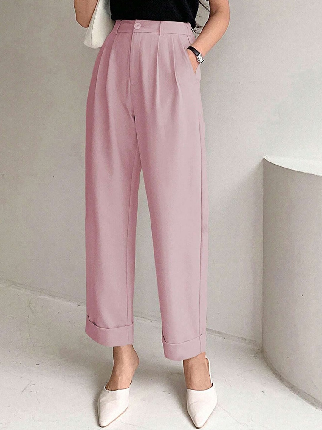 

Kotty Women Pink Relaxed Straight Leg Straight Fit High-Rise Pleated Trousers