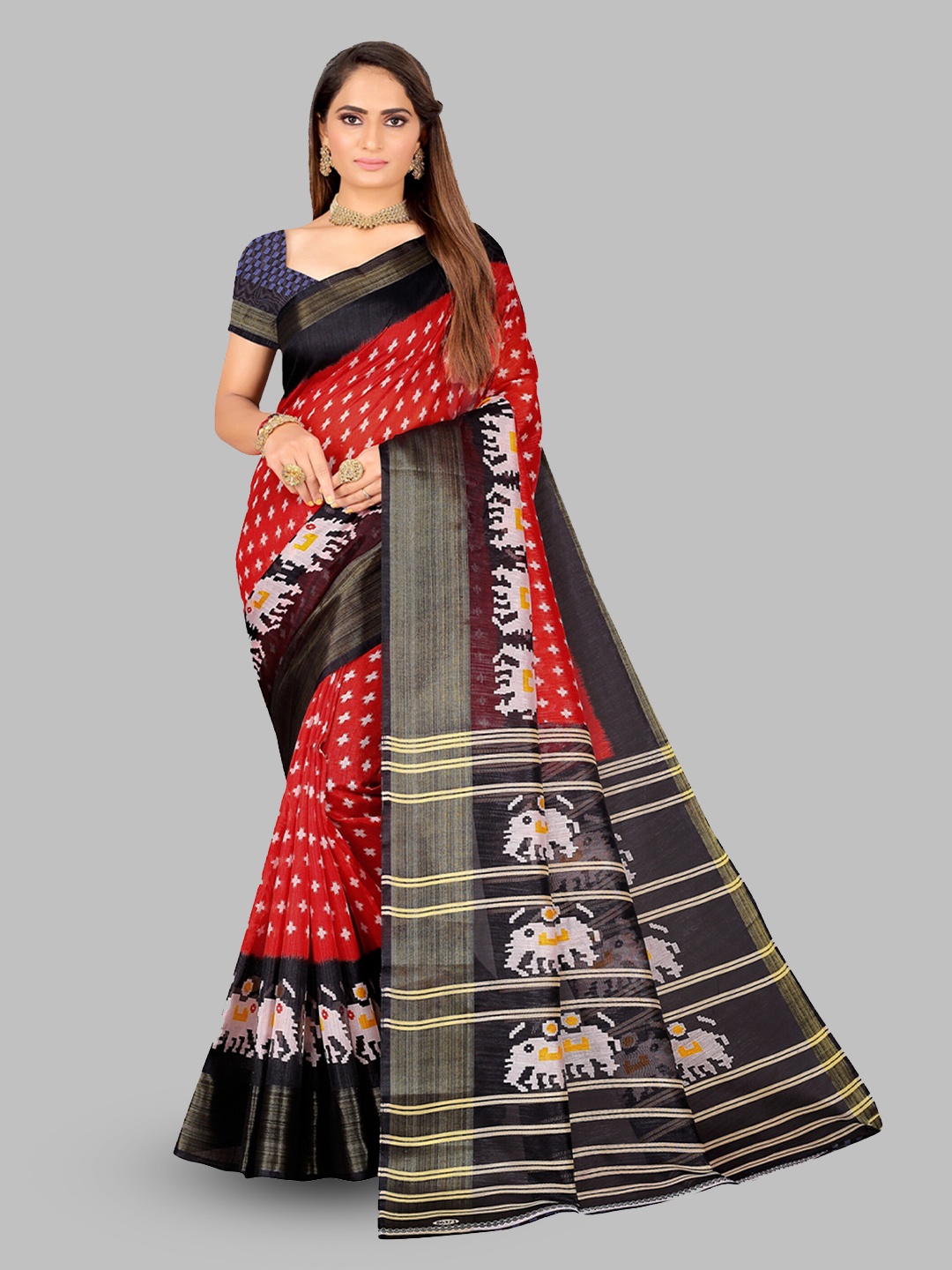 

N N ENTERPRISE Ethnic Motifs Printed Zari Art Silk Ikat Saree, Red