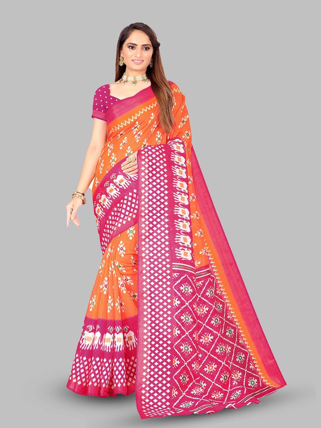 

N N ENTERPRISE Ethnic Motifs Zari Art Silk Ikat Saree, Orange