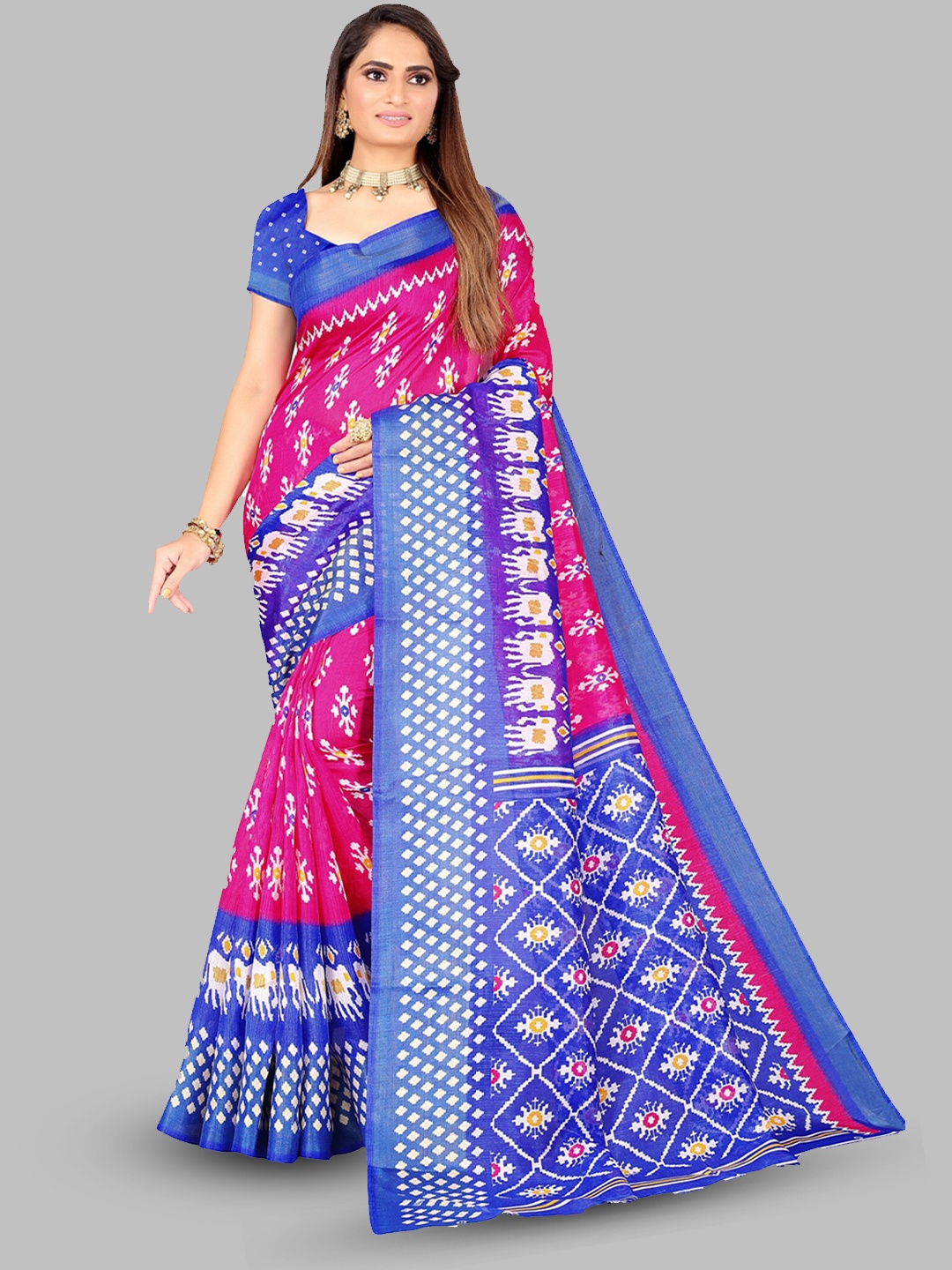 

N N ENTERPRISE Ethnic Motifs Zari Art Silk Ikat Saree, Pink