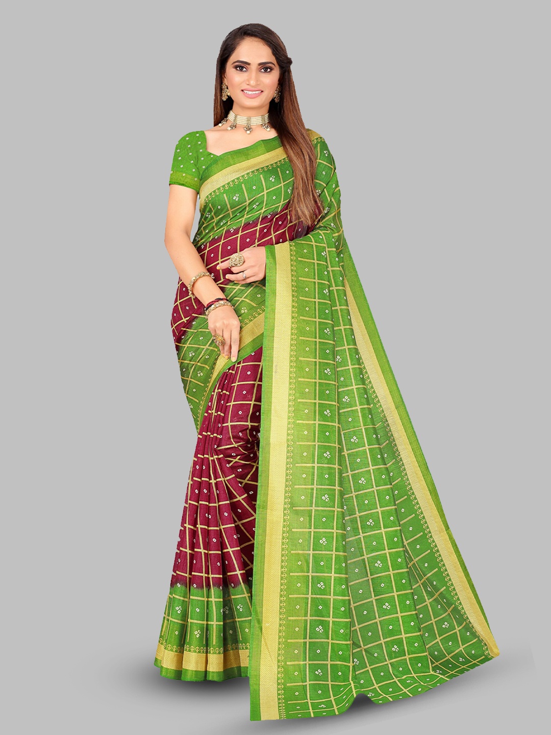 

N N ENTERPRISE Checked Zari Bandhani Saree, Brown