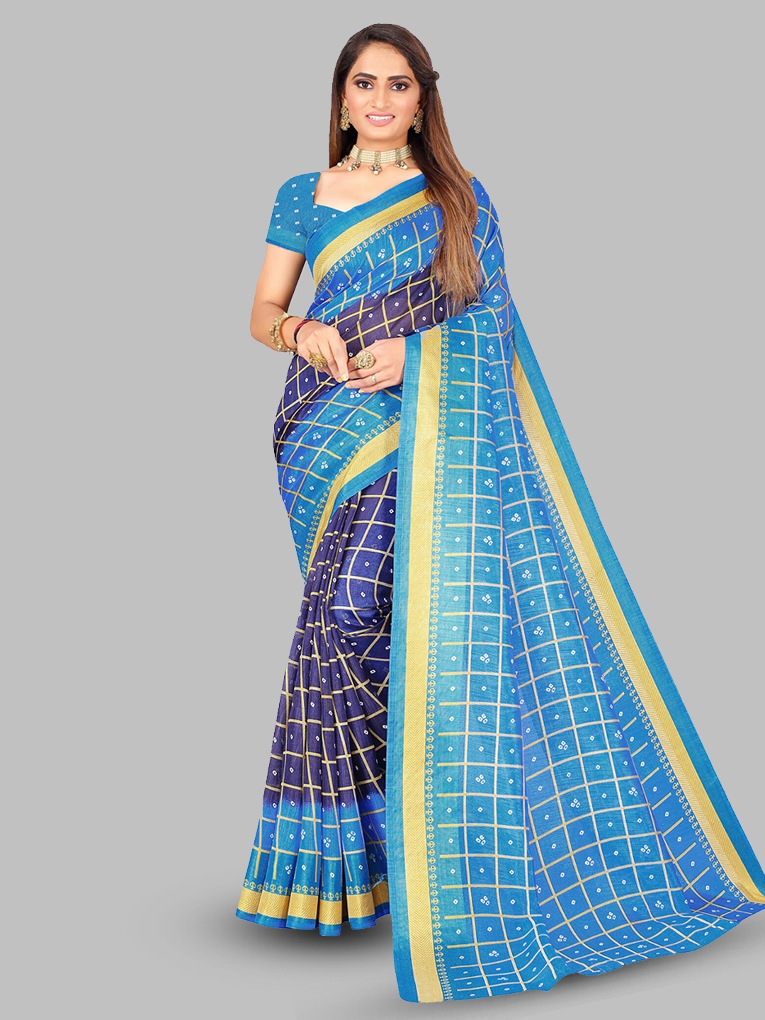 

N N ENTERPRISE Printed Zari Art Silk Bandhani Saree, Navy blue
