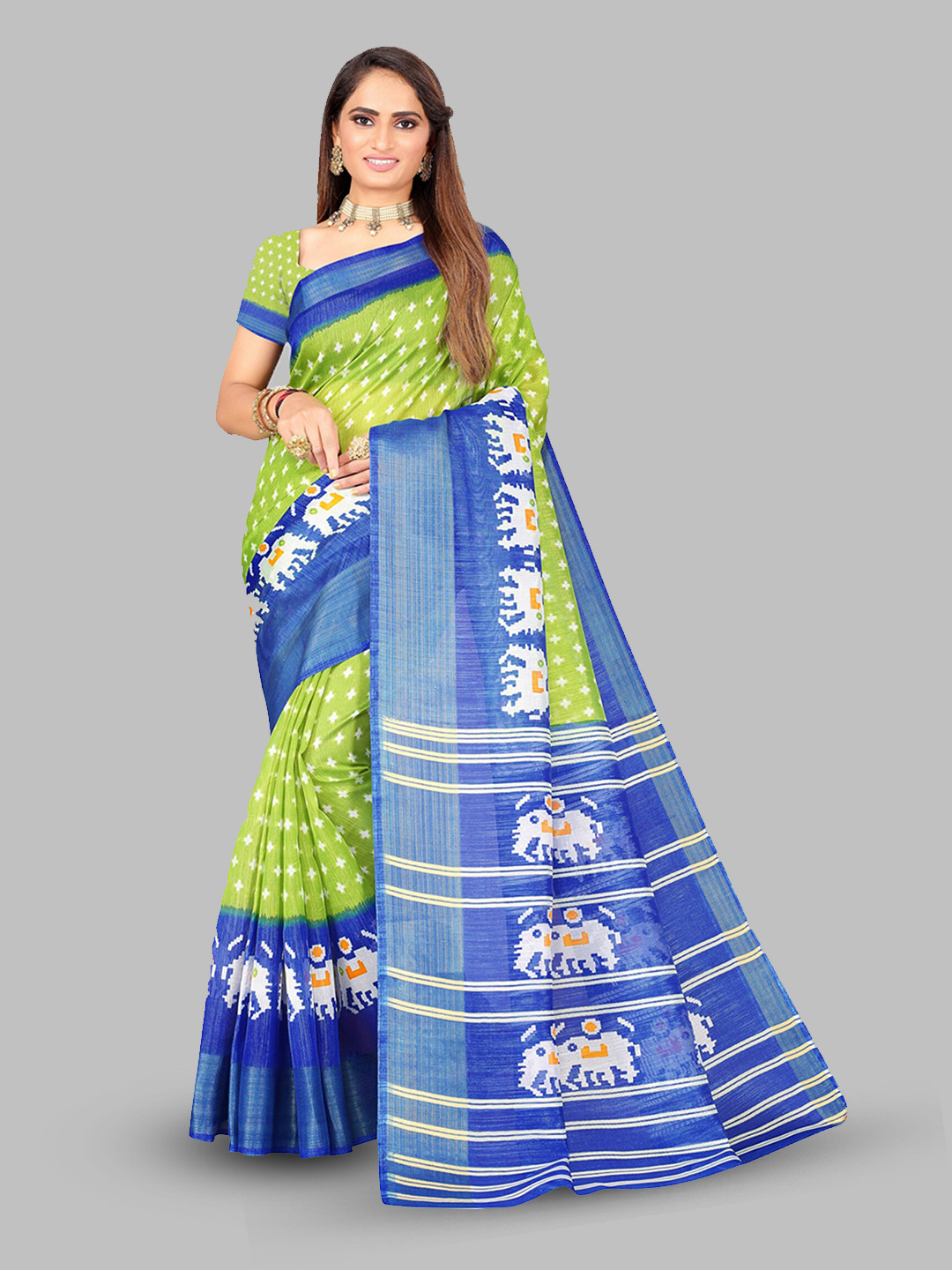 

N N ENTERPRISE Ethnic Motifs Printed Ikat Saree, Lime green