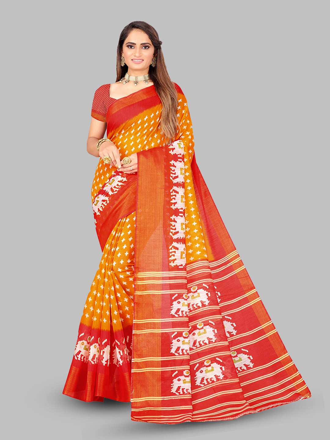 

N N ENTERPRISE Ethnic Motifs Printed Ikat Saree, Orange