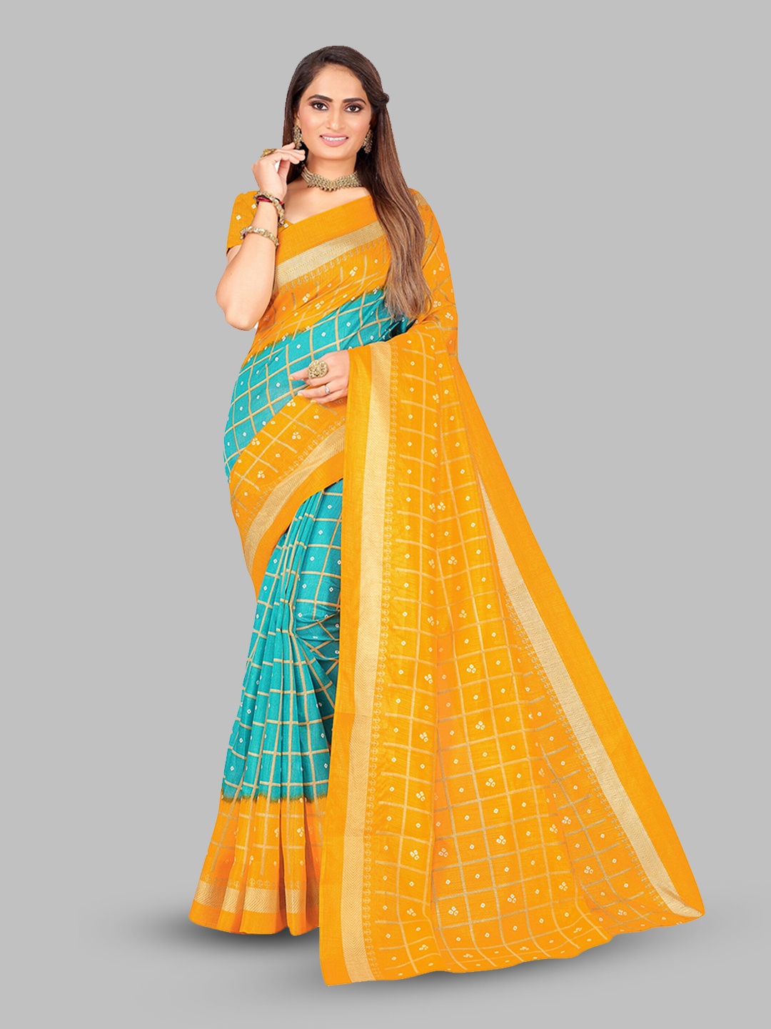 

N N ENTERPRISE Checked Bandhani Saree, Turquoise blue
