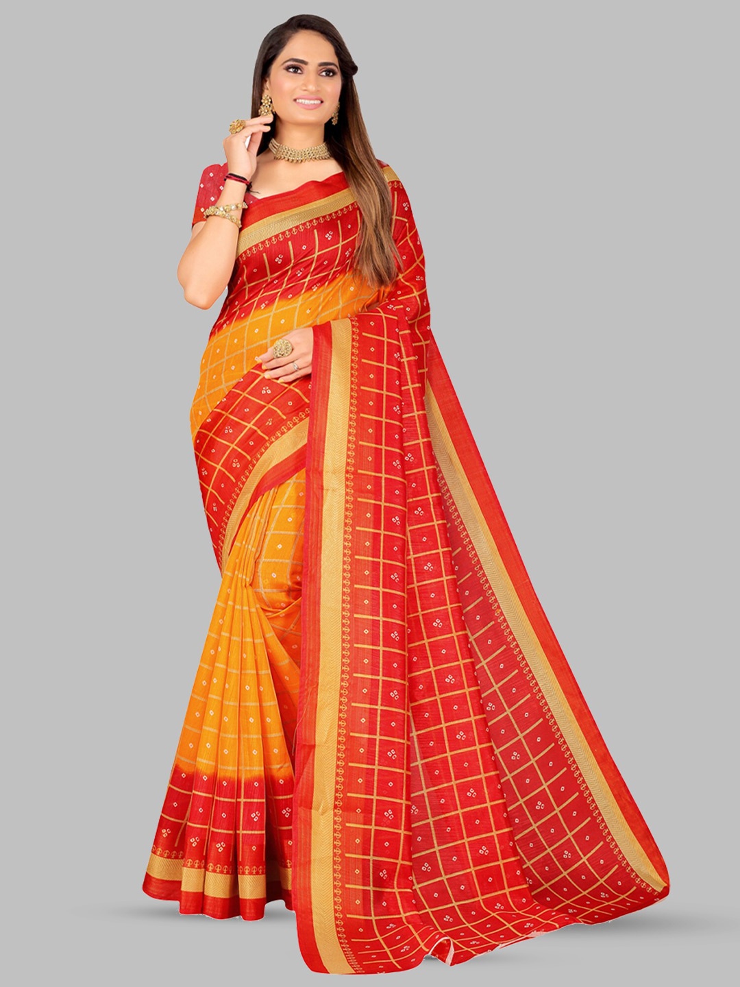 

N N ENTERPRISE Checked Bandhani Saree, Yellow