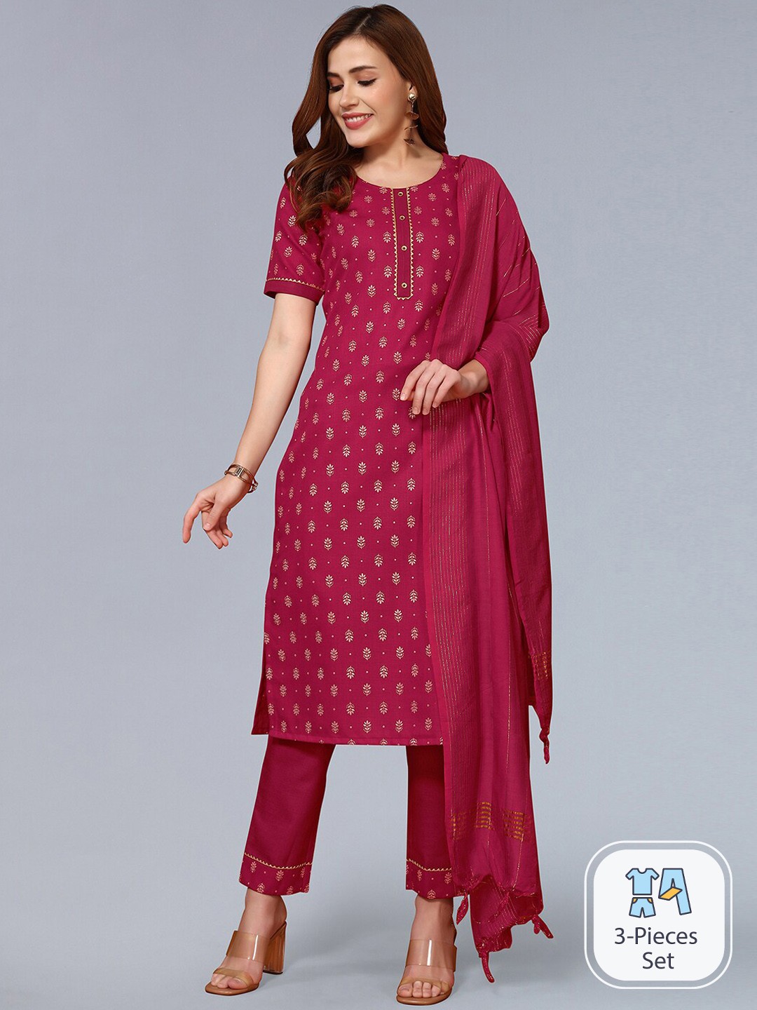 

SKYLEE Ethnic Motifs Printed Regular Kurta With Trousers & Dupatta, Pink