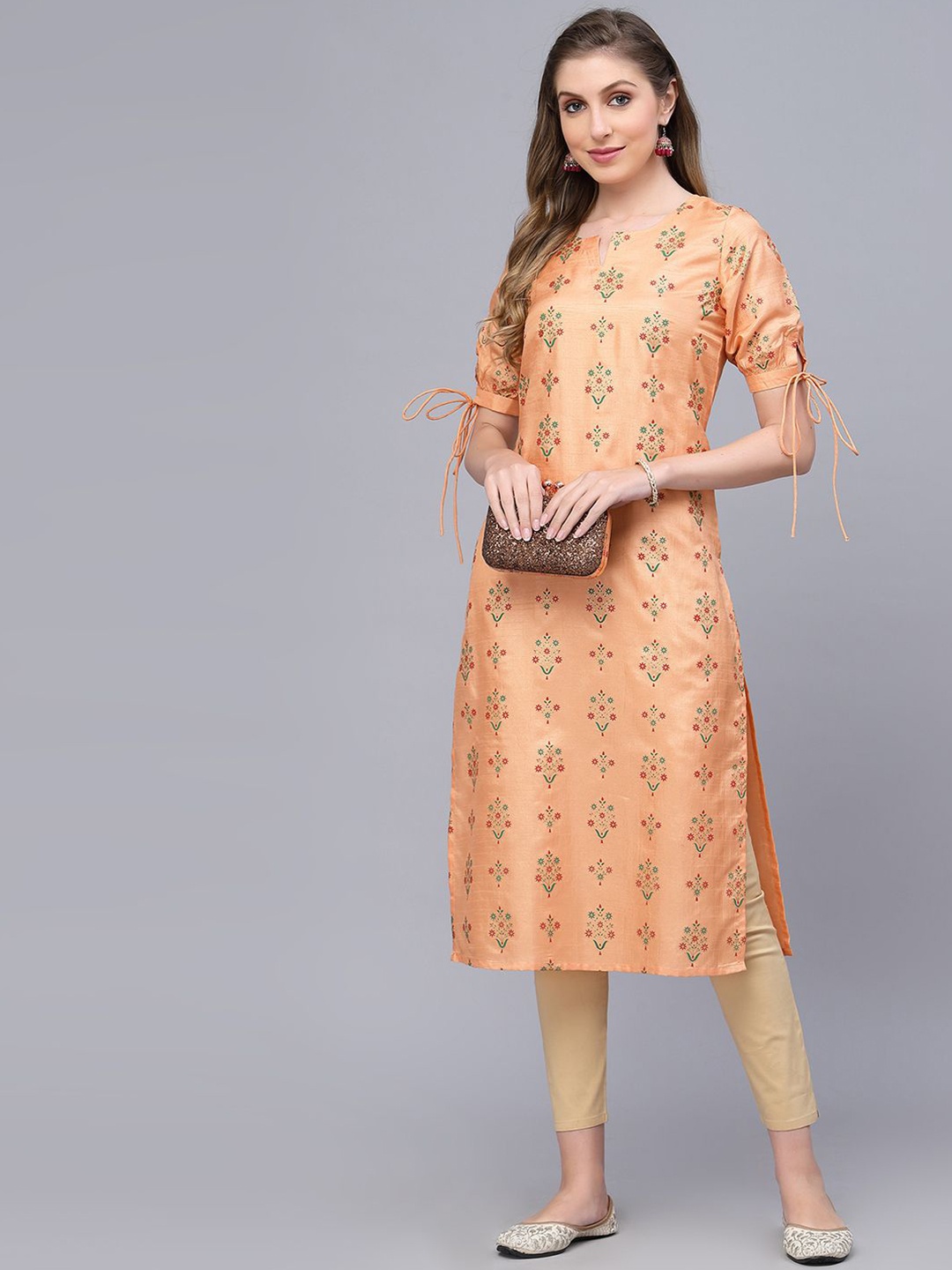 

KALINI Floral Printed Keyhole Neck Regular Sleeves Straight Kurta, Peach
