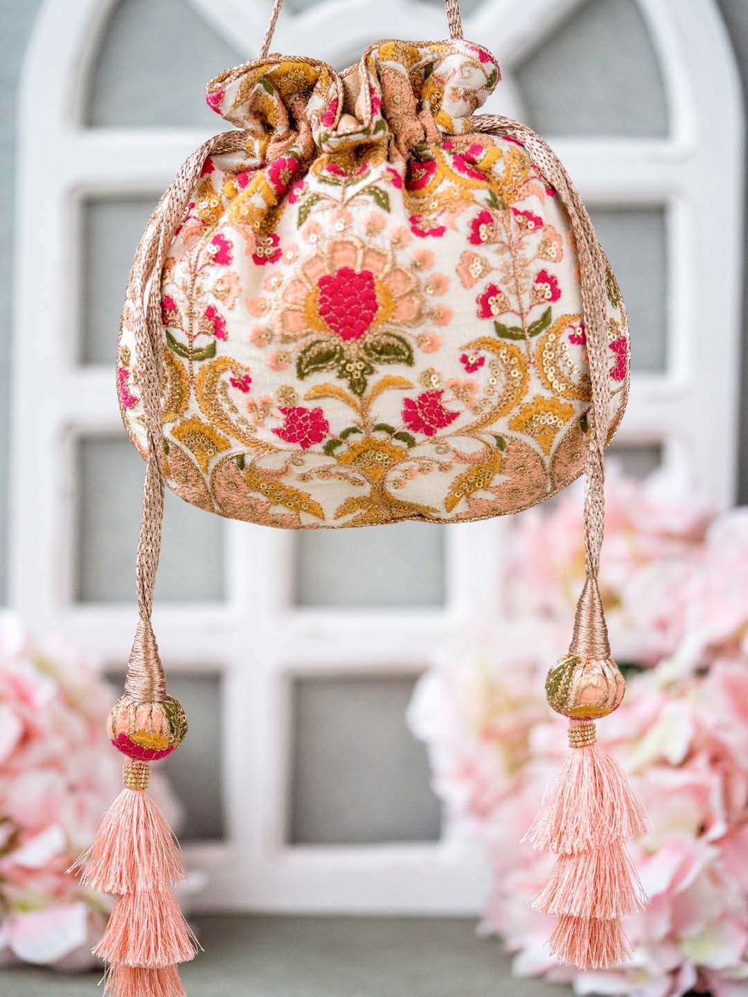 

AMYRA Embroidered Embellished Potli Clutch, Mustard