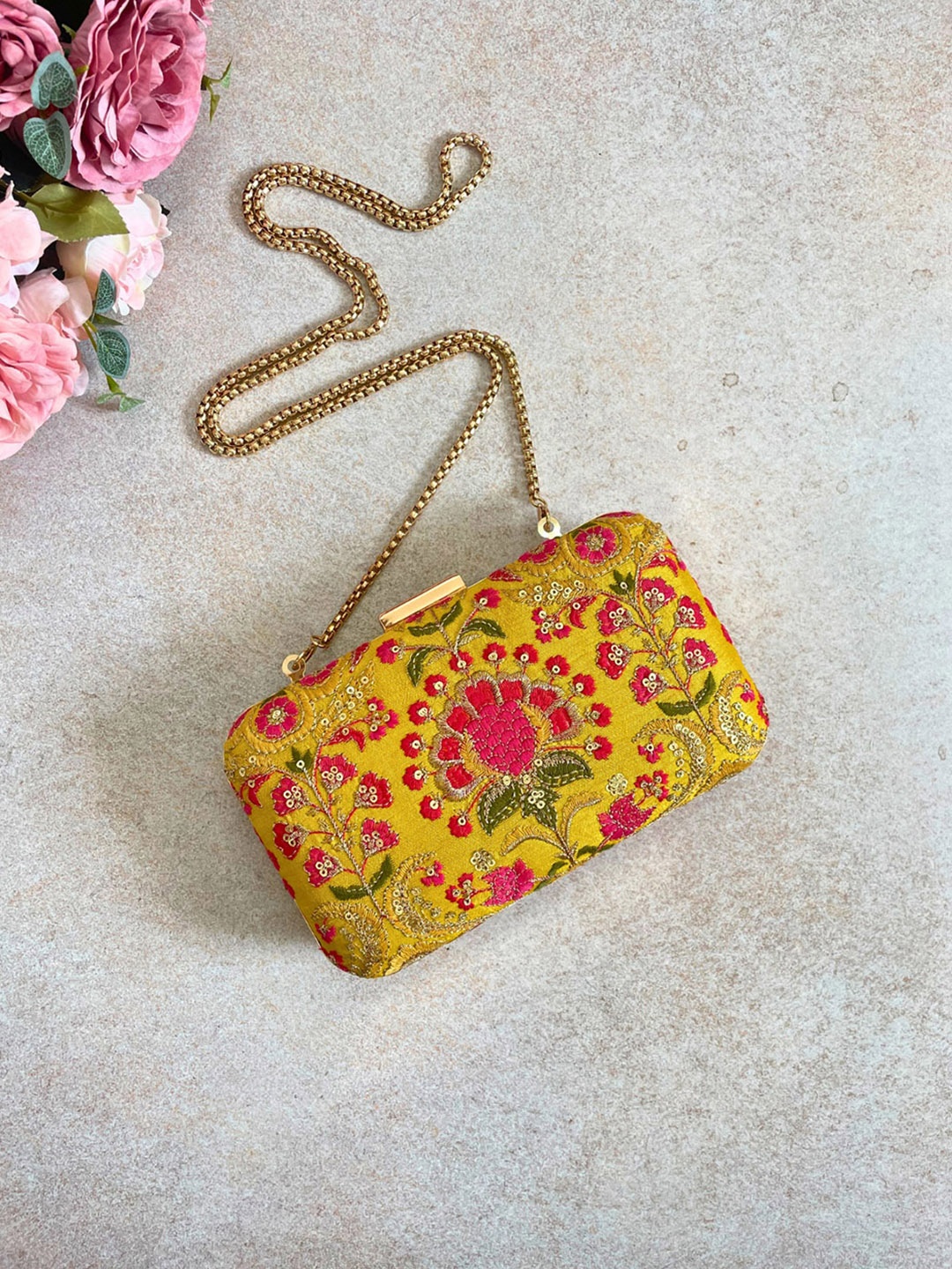 

AMYRA Embroidered Embellished Box Clutch, Mustard