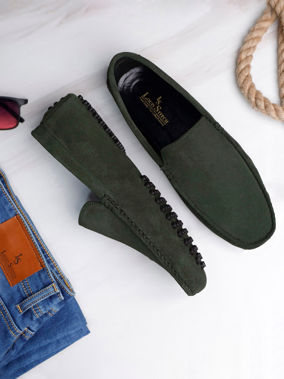 

Louis Stitch Men Seaweed Green Italian Suede Leather Handmade Driving Loafers, Olive