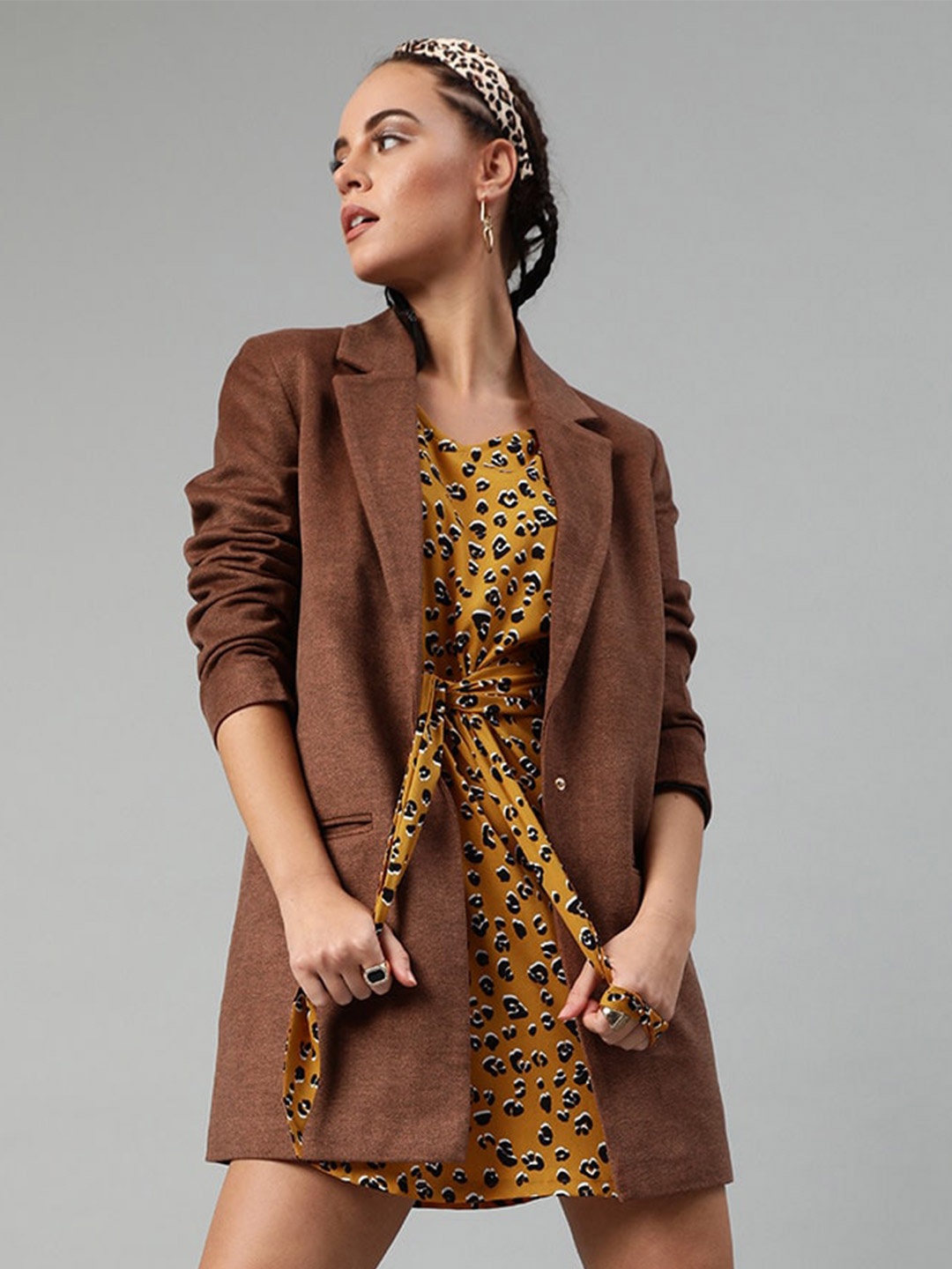 

Sera Mustard Yellow & Black Animal Printed Crepe Belted A-Line Dress