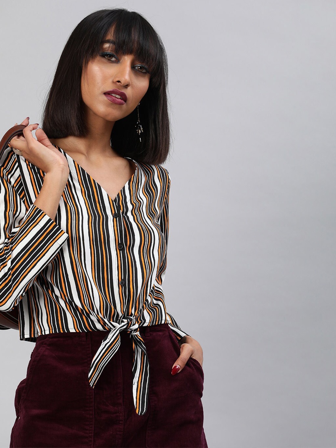 

Sera Off White Striped Tie Ups Detail Shirt Style Top
