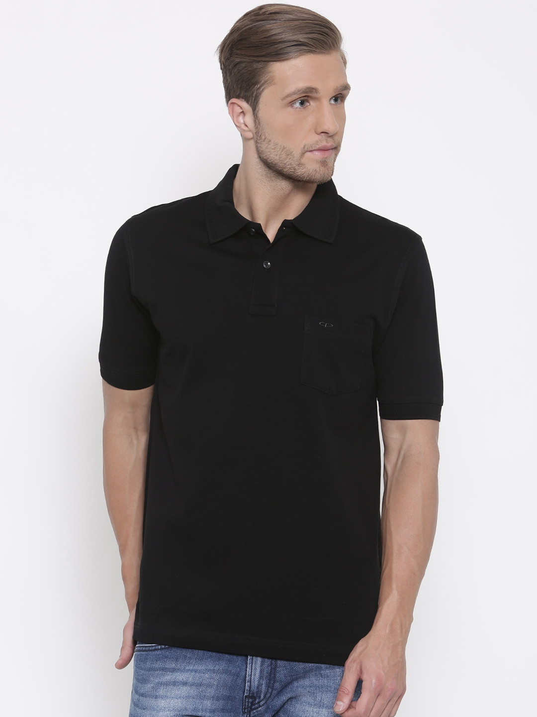 

ColorPlus Men Black Solid Polo Collar Pure Cotton T-shirt