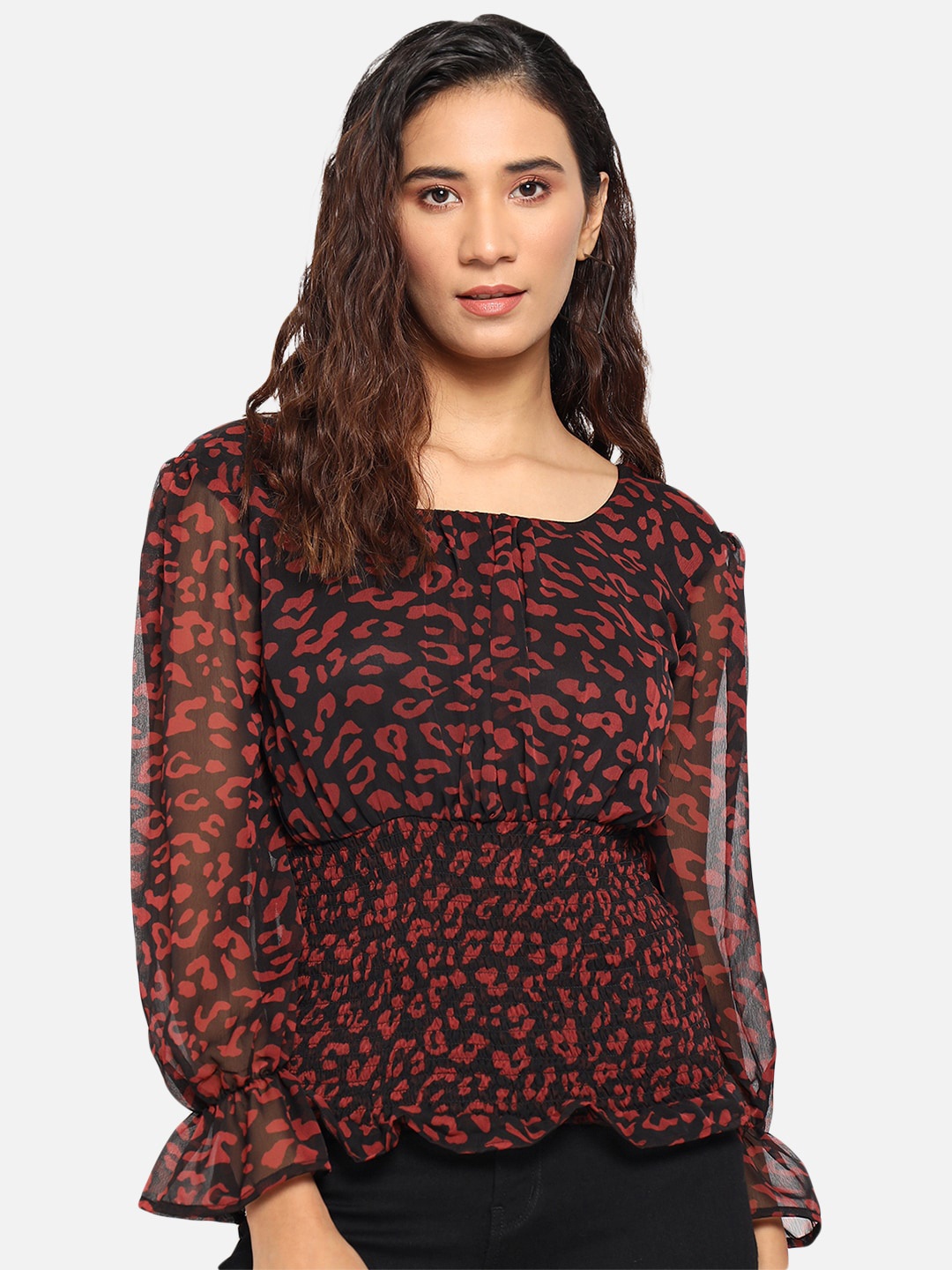 

Trend Arrest Abstract Printed Puff Sleeves Smocked Cinched Waist Top, Black