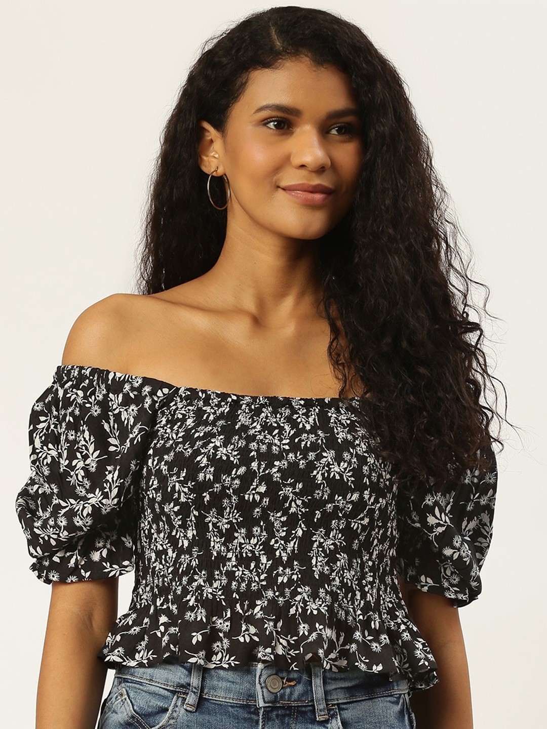 

Trend Arrest Floral Printed Off-Shoulder Puff Sleeves Smocked Bardot Crop Top, Black