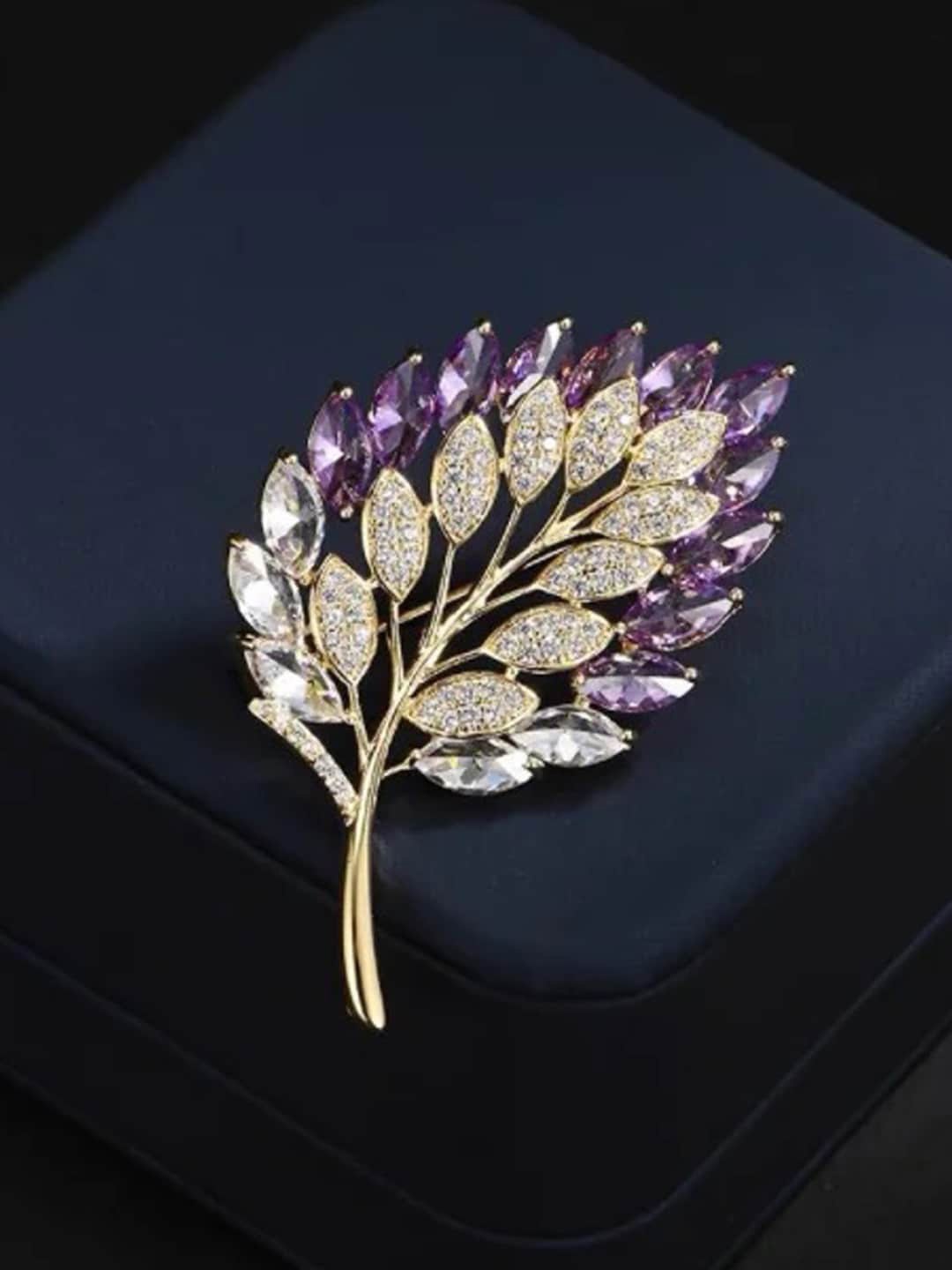

YouBella Crystal-Studded Leaf Shaped Brooch, Gold