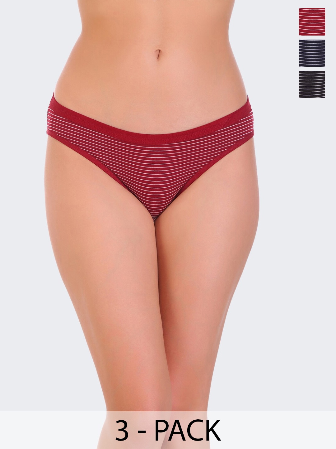 

POOJA RAGENEE Pack Of 3 Striped Anti Bacterial Bikini Briefs, Maroon