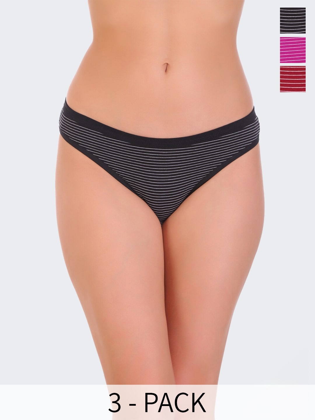 

POOJA RAGENEE Pack Of 3 Striped Anti Bacterial Bikini Briefs, Black