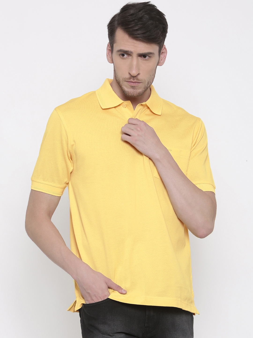 

ColorPlus Men Yellow Solid Polo Collar Pure Cotton T-shirt