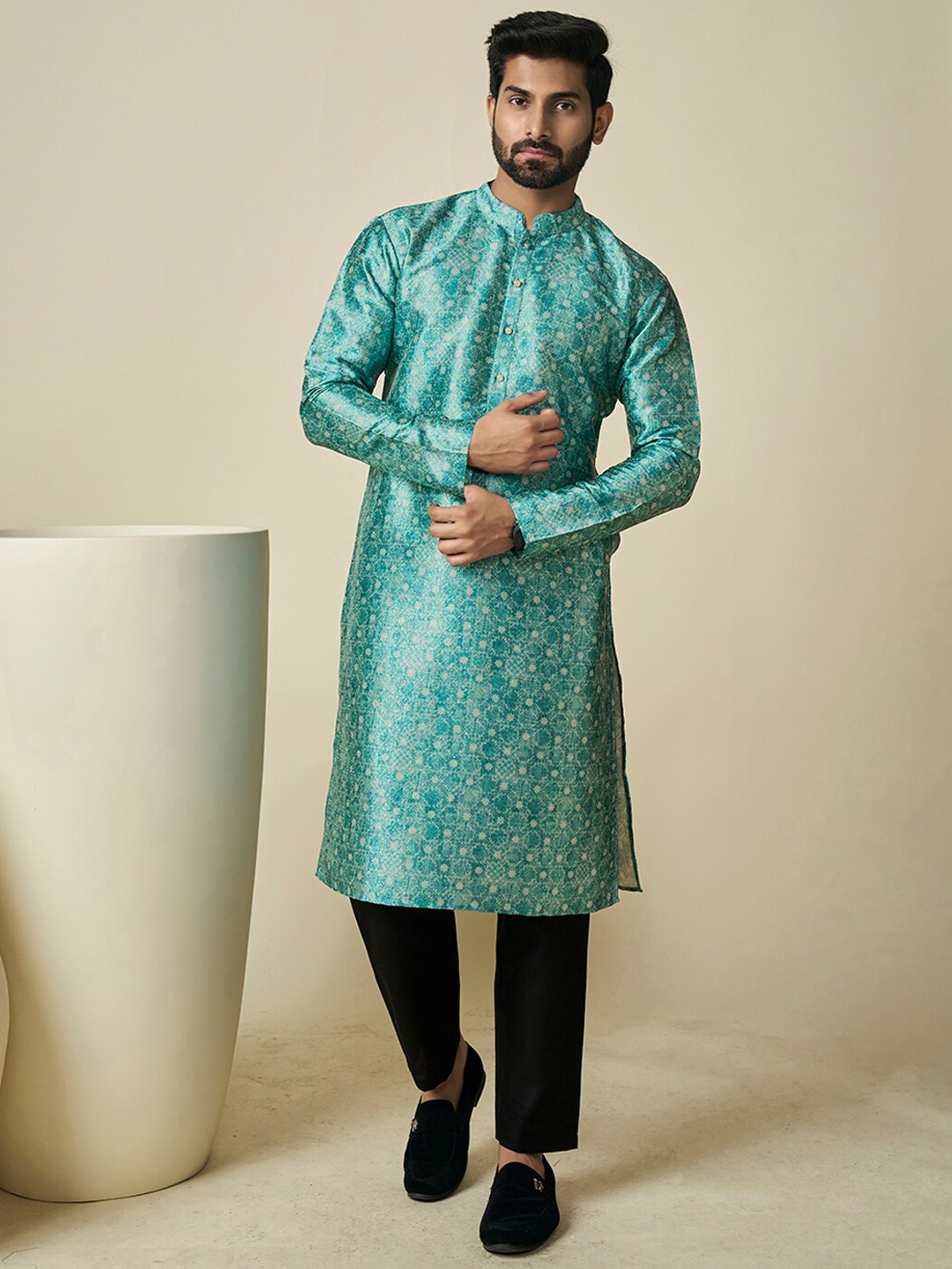 

Inddus Ethnic Motifs Printed Mandarin Collar Kurta, Sea green