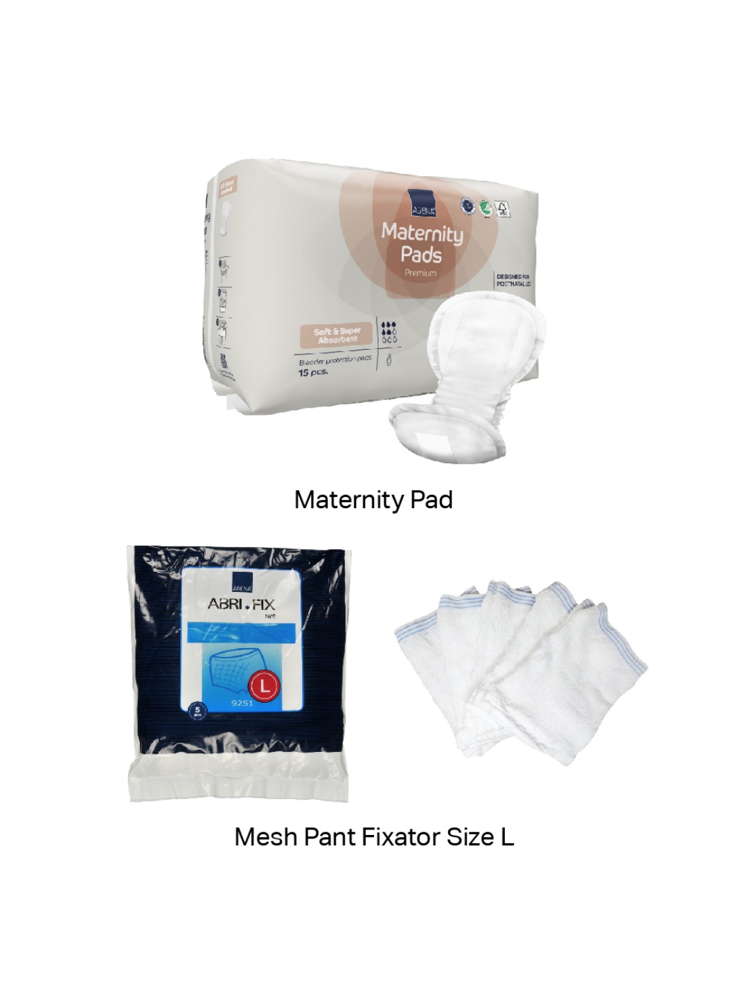 

Abena Set Of 15 Maternity Pads with 5 Mesh Fixator Pants - Size L, White