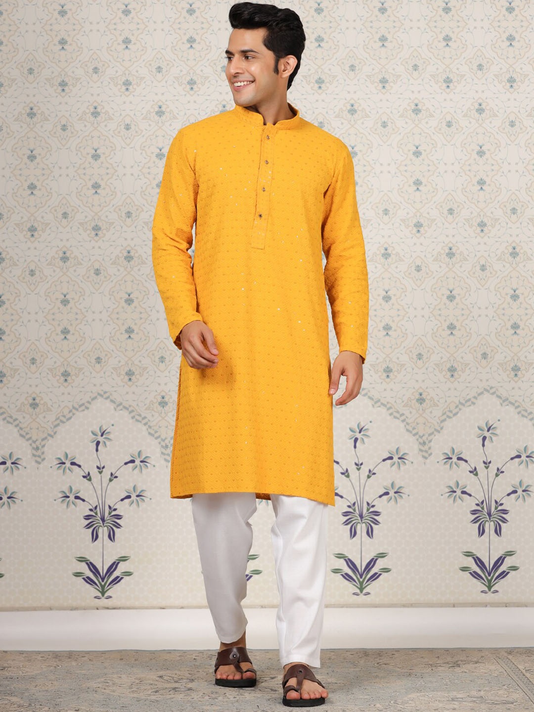 

House of Pataudi Mandarin Collar Floral Embroidered Chikankari Straight Kurta, Mustard