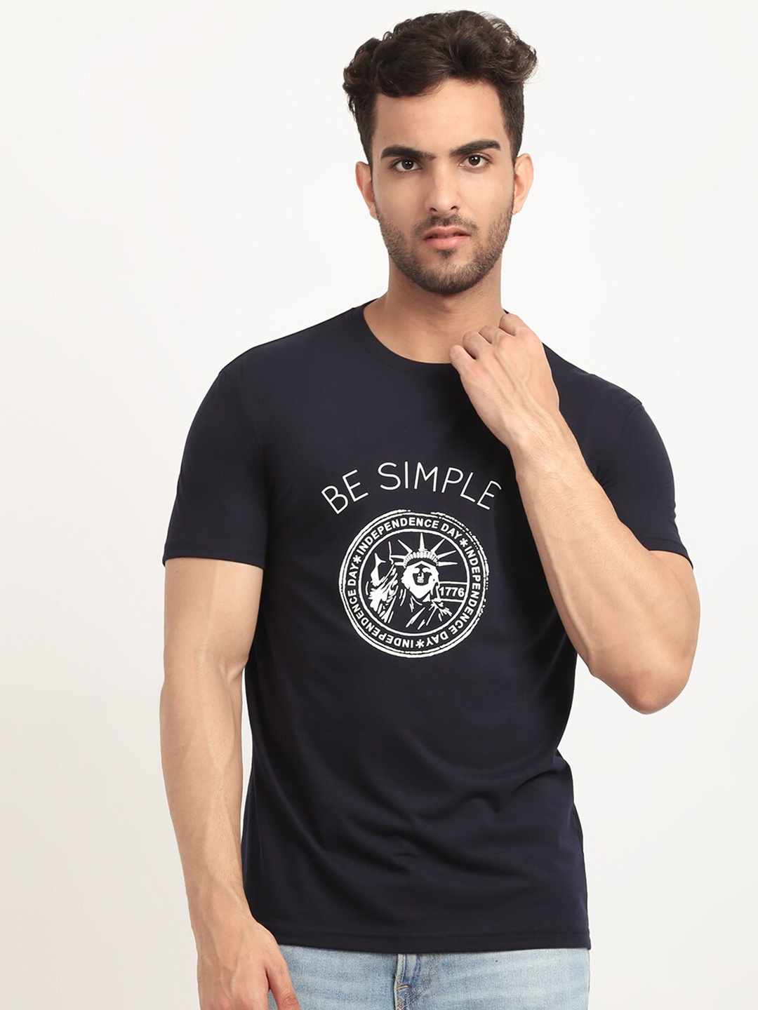 HOUSE OF VEDAS Typography Printed Regular Fit T-shirt, Navy blue