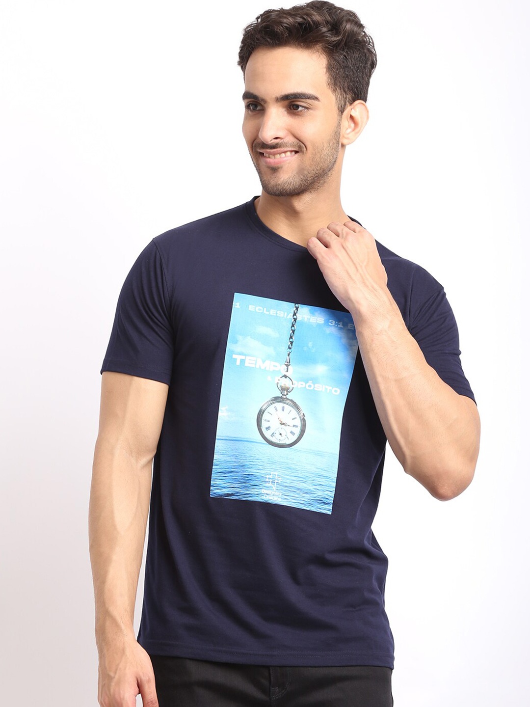 

HOUSE OF VEDAS Typography Printed Round Neck T-Shirt, Navy blue