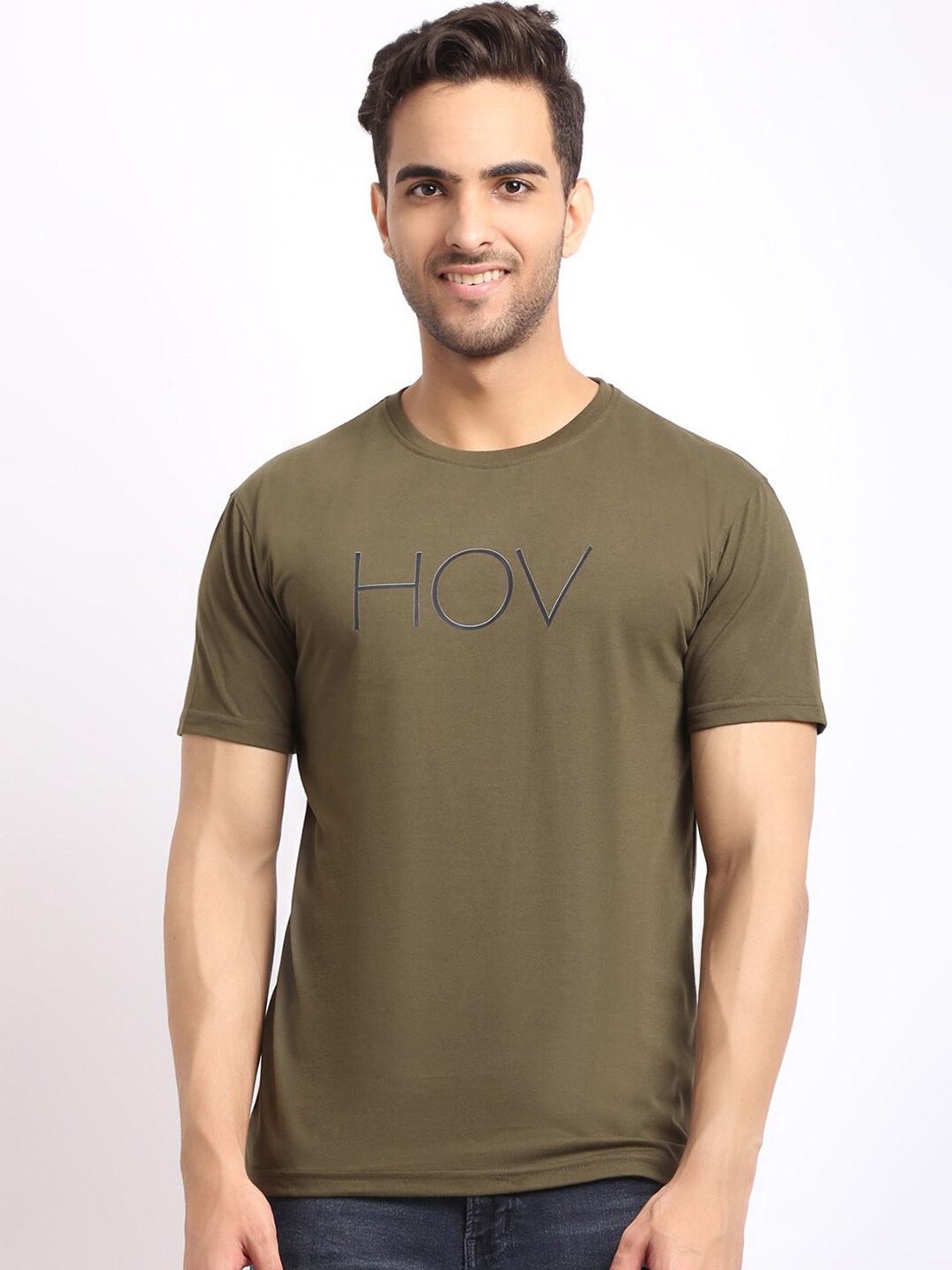 

HOUSE OF VEDAS Typography Printed Round Neck T-Shirt, Olive