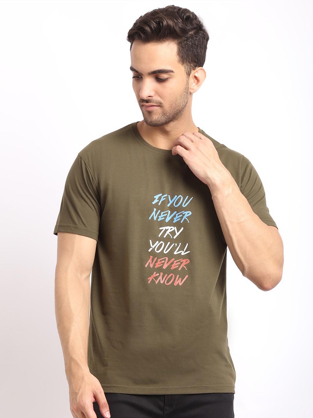 

HOUSE OF VEDAS Typography Printed Round Neck T-Shirt, Olive