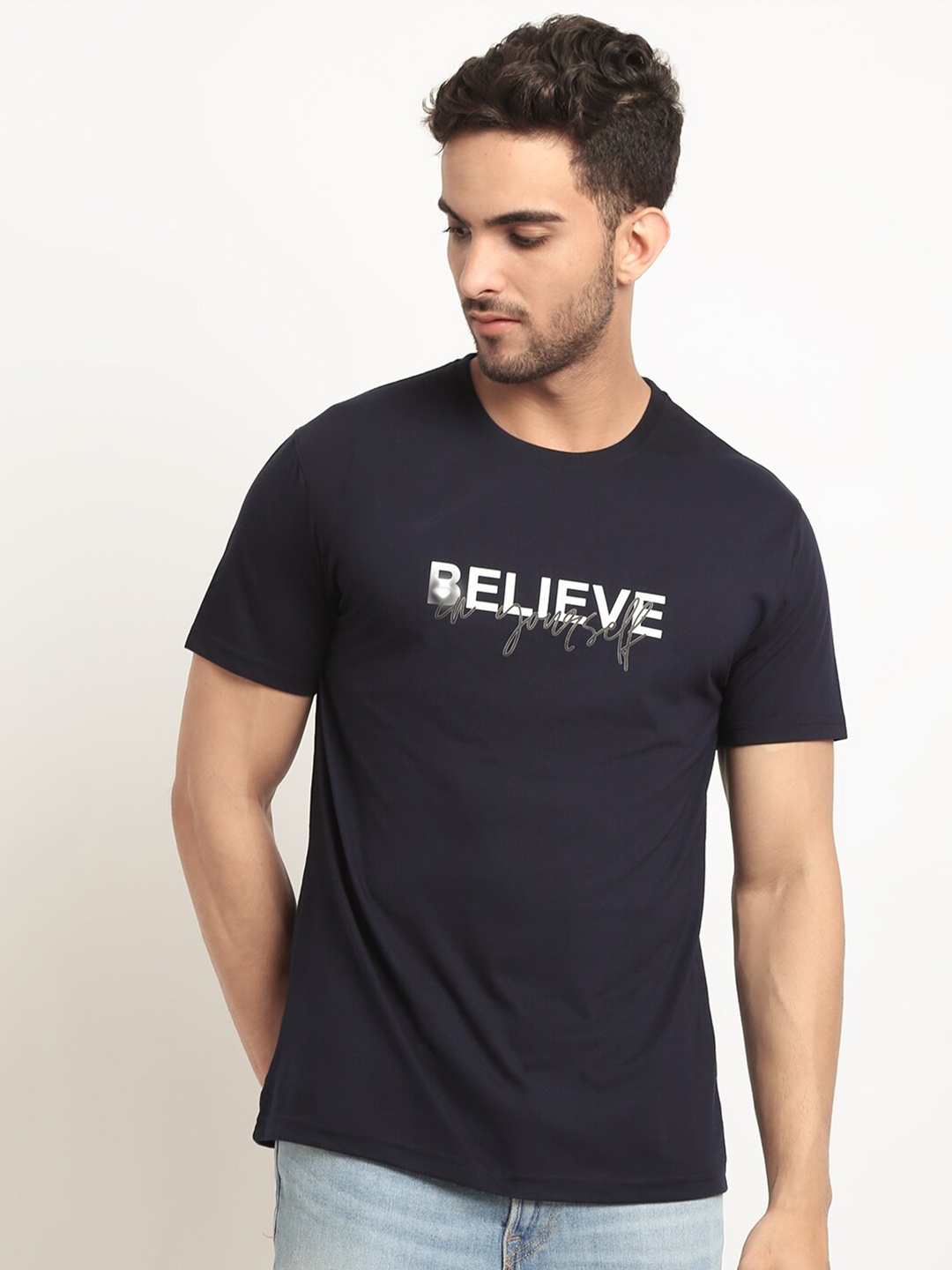 HOUSE OF VEDAS Typography Printed Round Neck T-Shirt, Navy blue