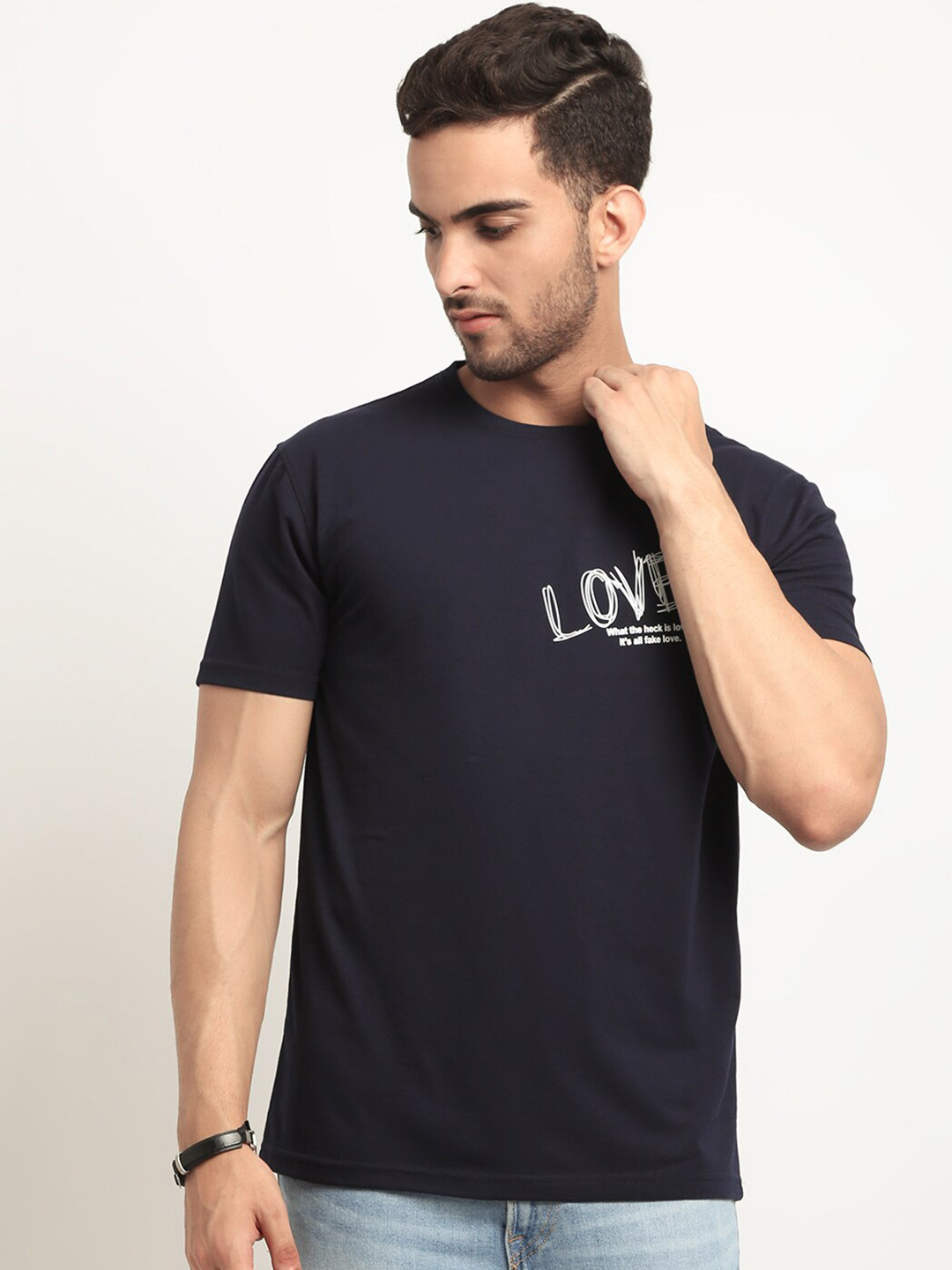 

HOUSE OF VEDAS Typography Printed Short Sleeves T-shirt, Navy blue