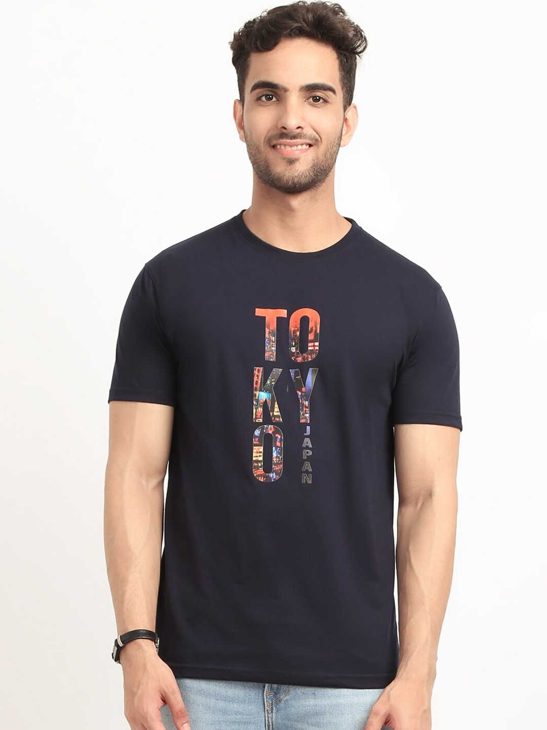 

HOUSE OF VEDAS Typography Printed Short Sleeves T-shirt, Navy blue