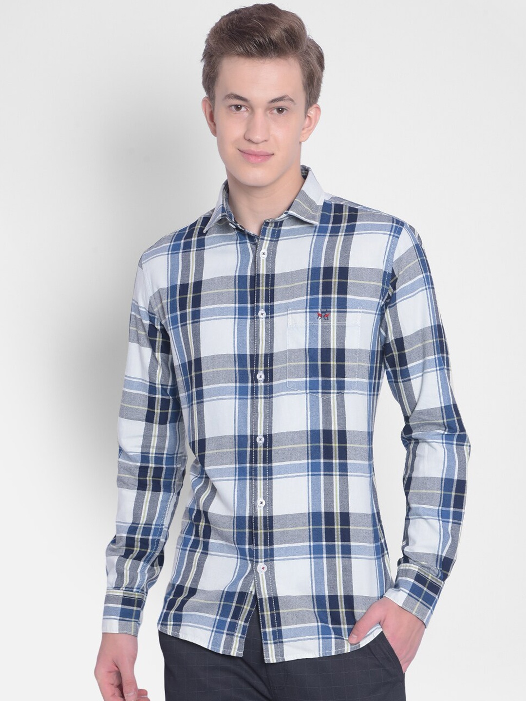 

Crimsoune Club Slim Fit Tartan Checks Spread Collar Long Sleeves Cotton Casual Shirt, Navy blue