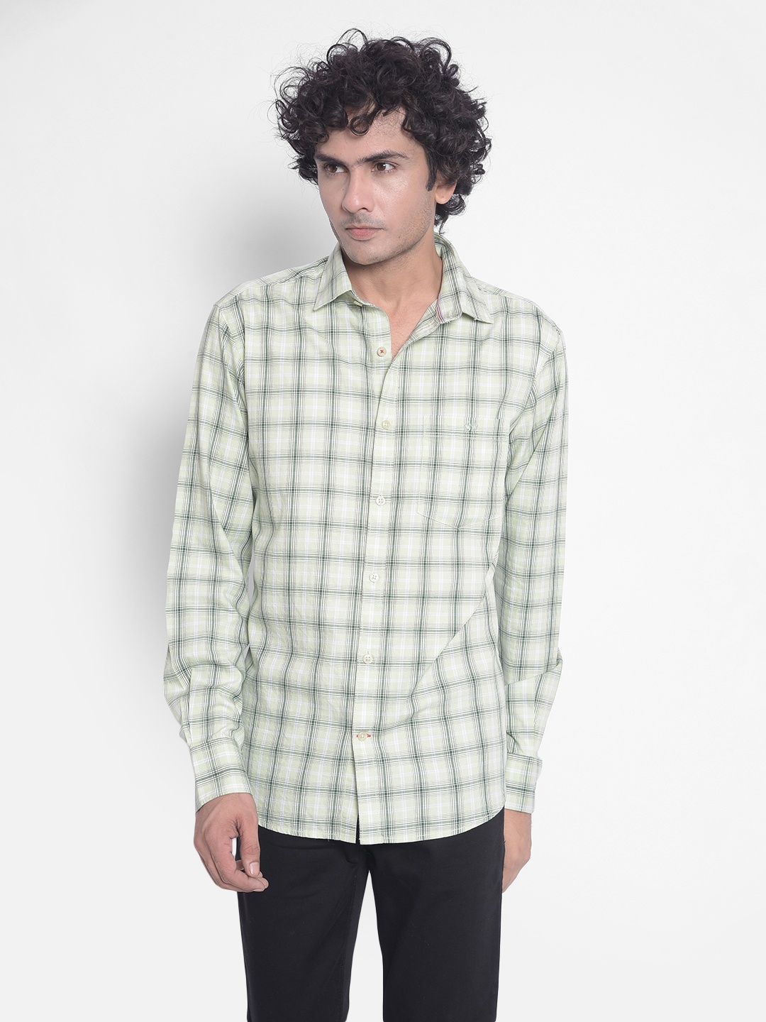 

Crimsoune Club Slim Fit Checked Spread Collar Long Sleeves Cotton Casual Shirt, Green