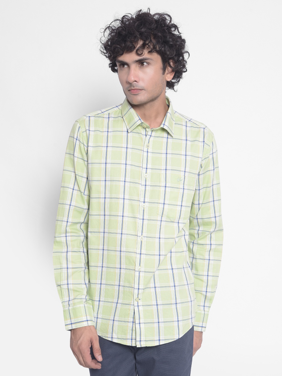 

Crimsoune Club Slim Fit Checked Spread Collar Long Sleeves Cotton Casual Shirt, Green