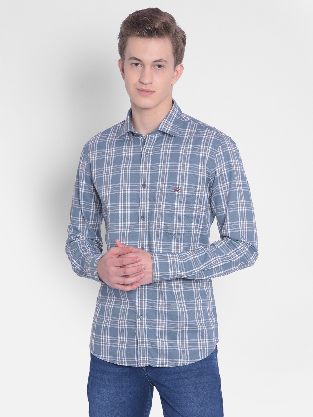 

Crimsoune Club Tartan Checked Cotton Slim Fit Opaque Casual Shirt, Grey