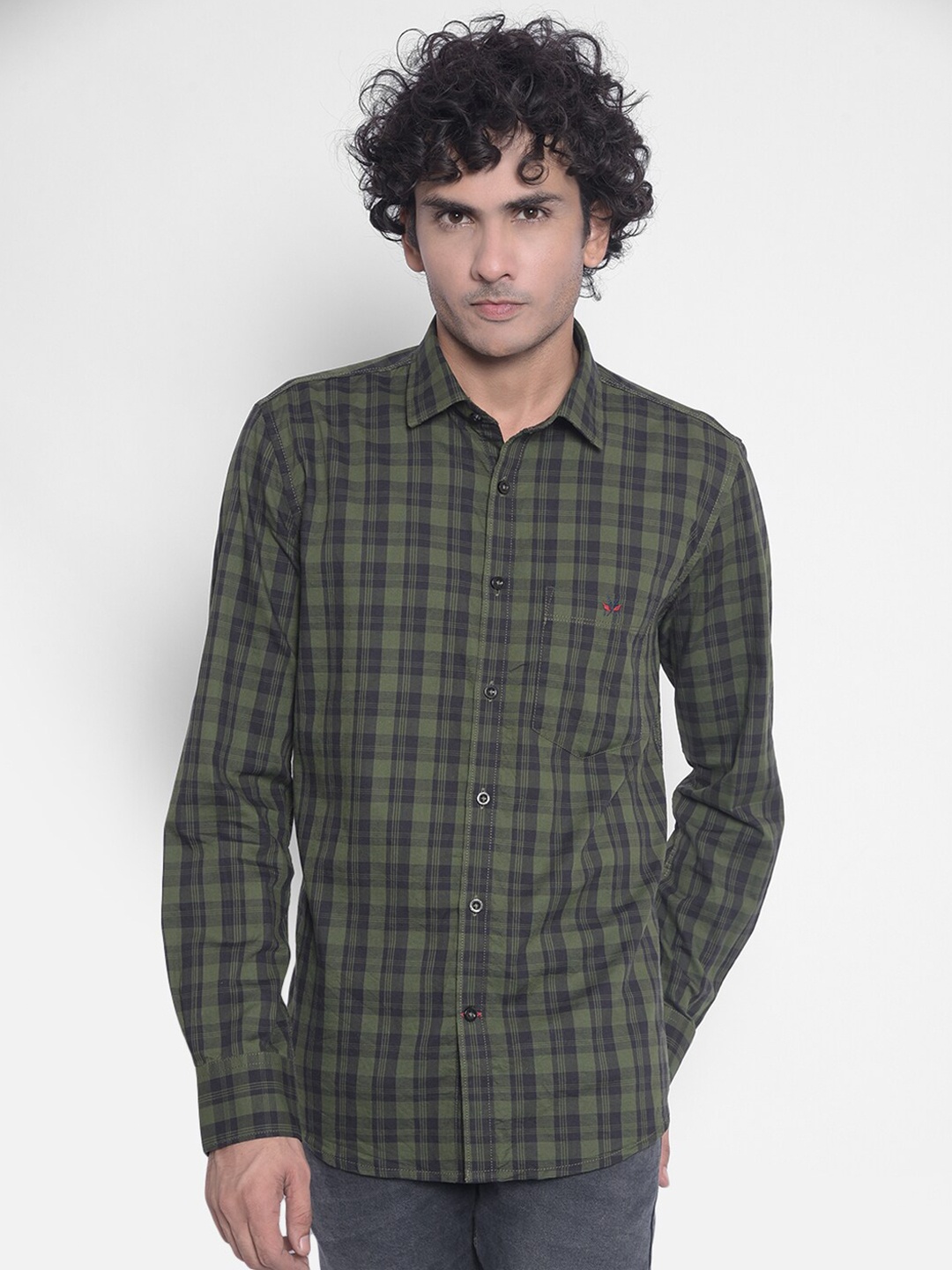 

Crimsoune Club Slim Fit Tartan Checked Pure Cotton Casual Shirt, Olive