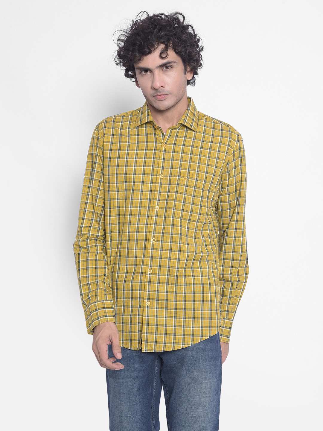 

Crimsoune Club Slim Fit Gingham Checked Opaque Cotton Casual Shirt, Mustard