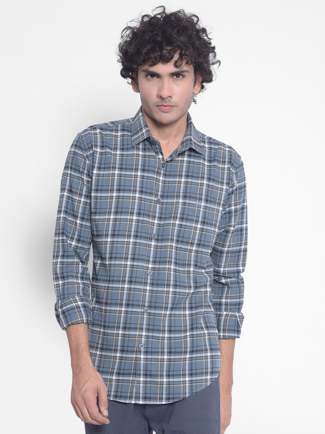 

Crimsoune Club Spread Collar Slim Fit Tartan Checks Cotton Casual Shirt, Blue
