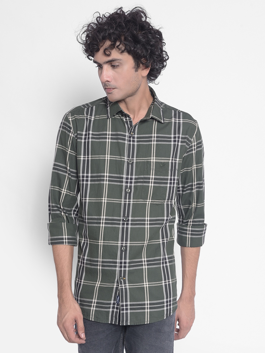 

Crimsoune Club Spread Collar Slim Fit Tartan Checks Cotton Casual Shirt, Olive