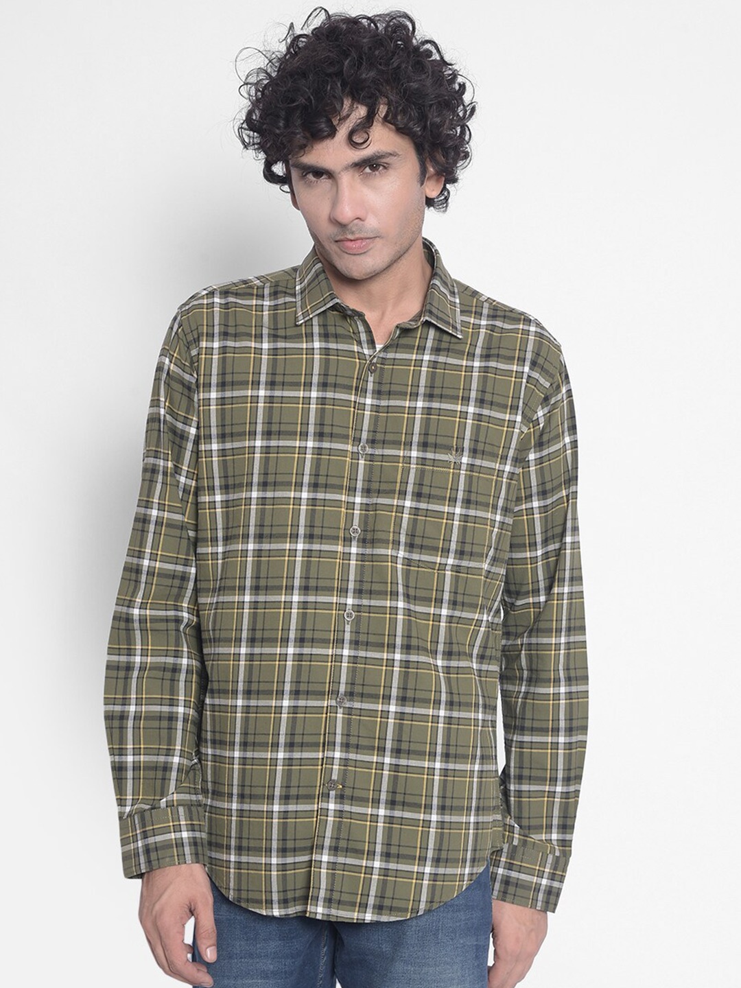 

Crimsoune Club Spread Collar Slim Fit Tartan Checks Cotton Casual Shirt, Olive