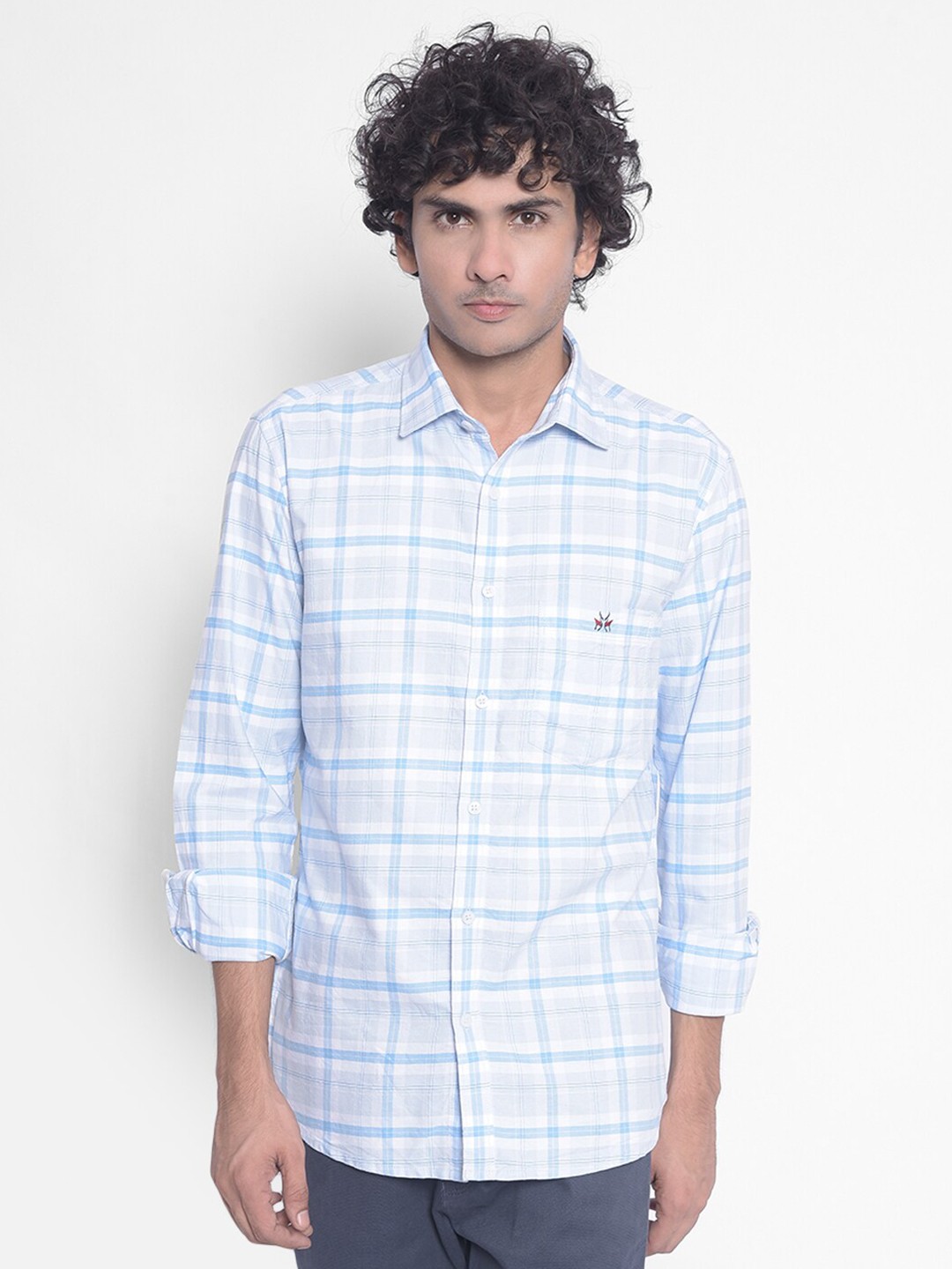 

Crimsoune Club Checked Slim Fit Pure Cotton Casual Shirt, Blue
