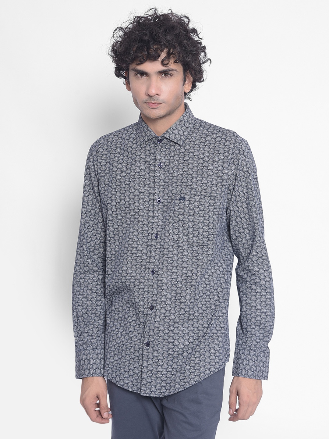 

Crimsoune Club Slim Fit Geometric Printed Cotton Casual Shirt, Navy blue