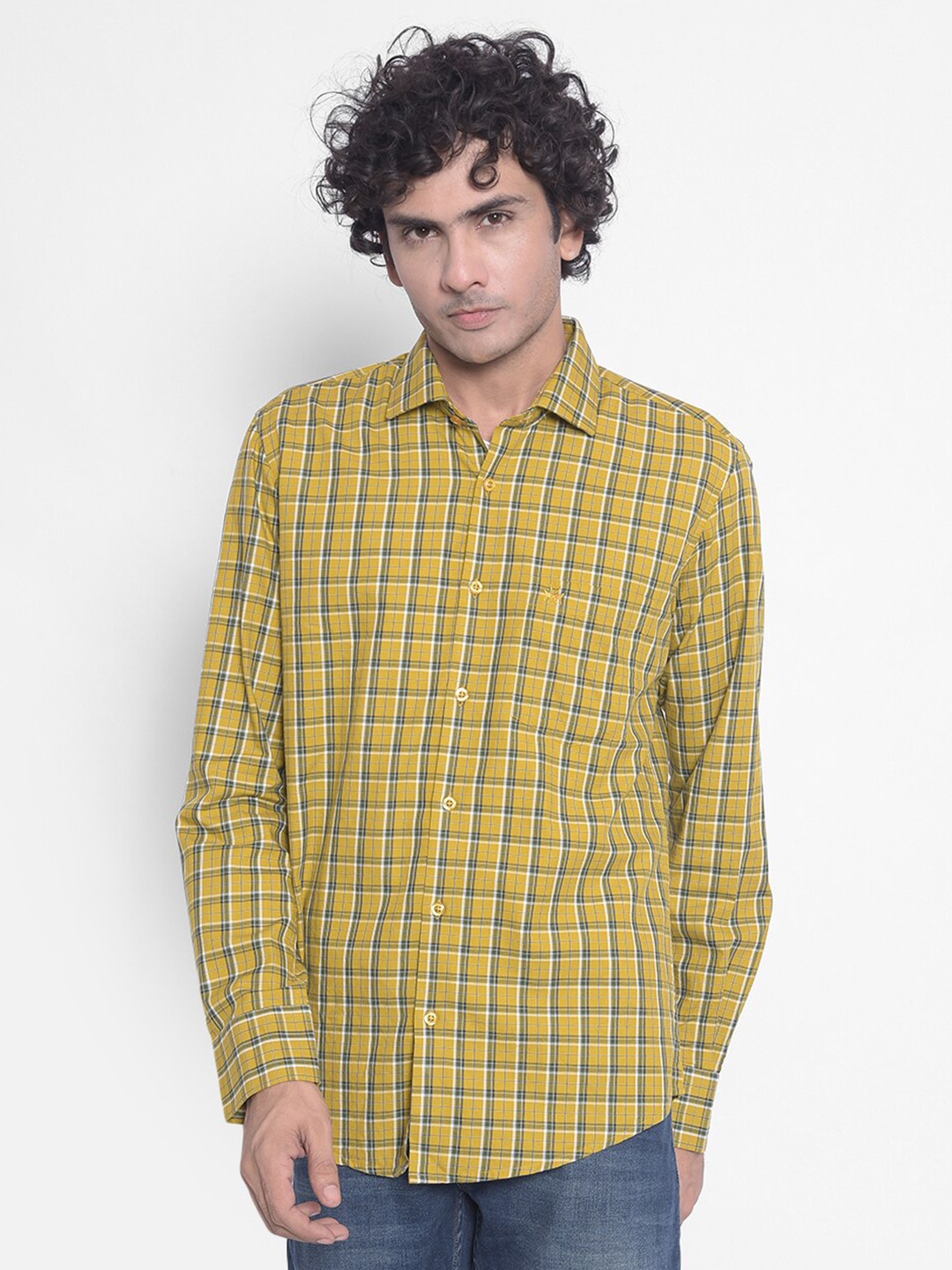 

Crimsoune Club Slim Fit Gingham Checked Cotton Casual Shirt, Mustard