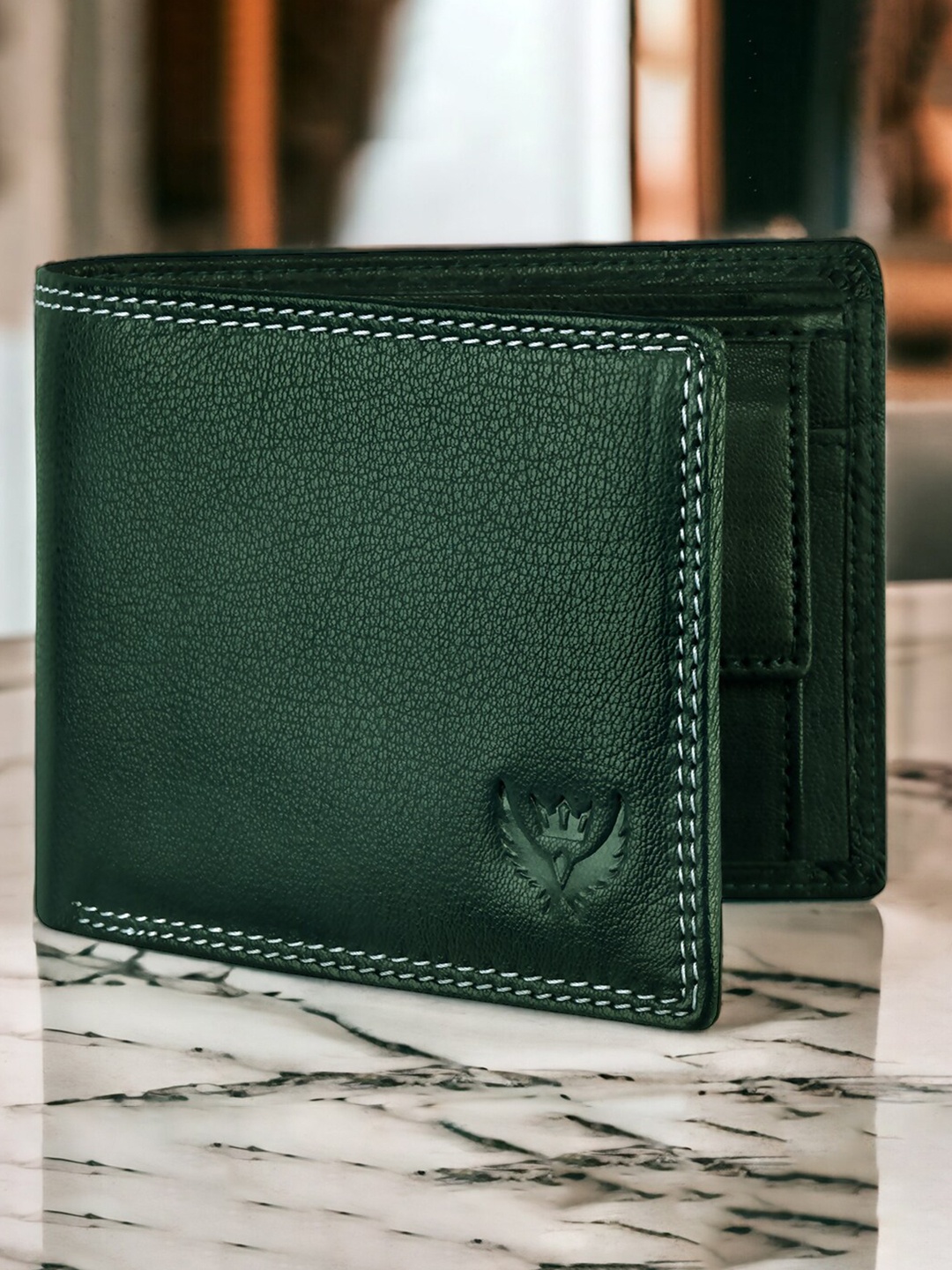 

LORENZ Men Leather Two Fold Wallet, Green