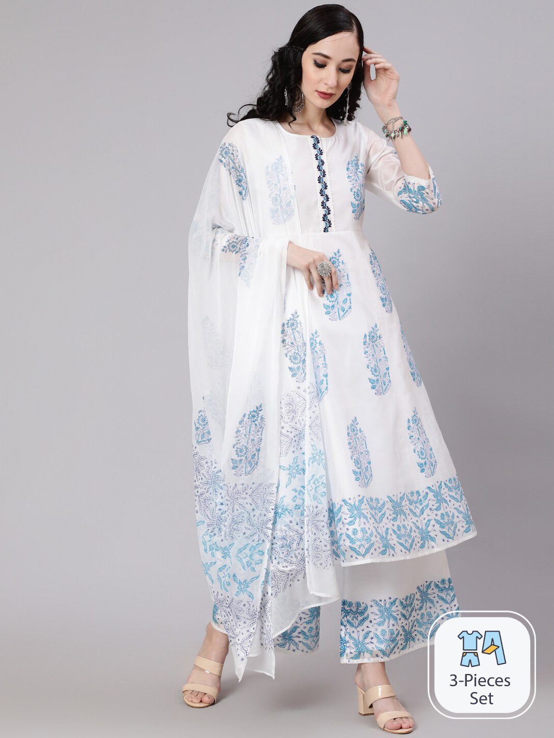

AKS Couture Ethnic Motifs Printed Kurta With Palazzo & Dupatta, White