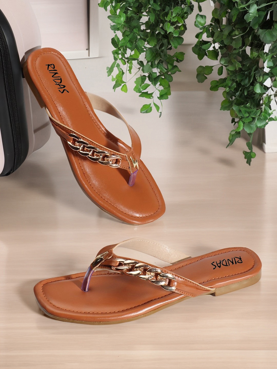 

RINDAS Embellished Open Toe Flats, Tan
