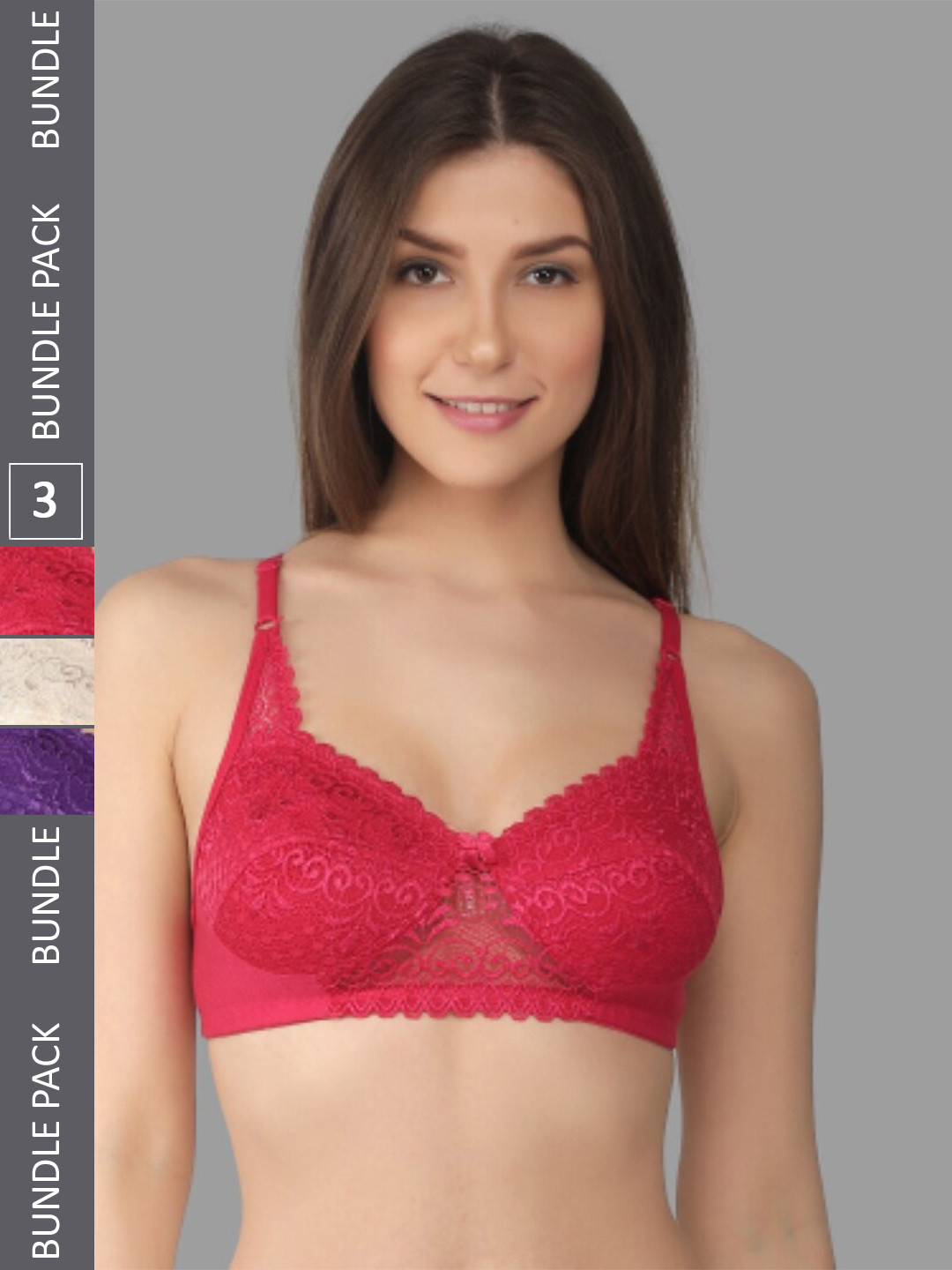 

FUNAHME Pack Of 3 Floral Full Coverage Non Padded Bra All Day Comfort, Pink